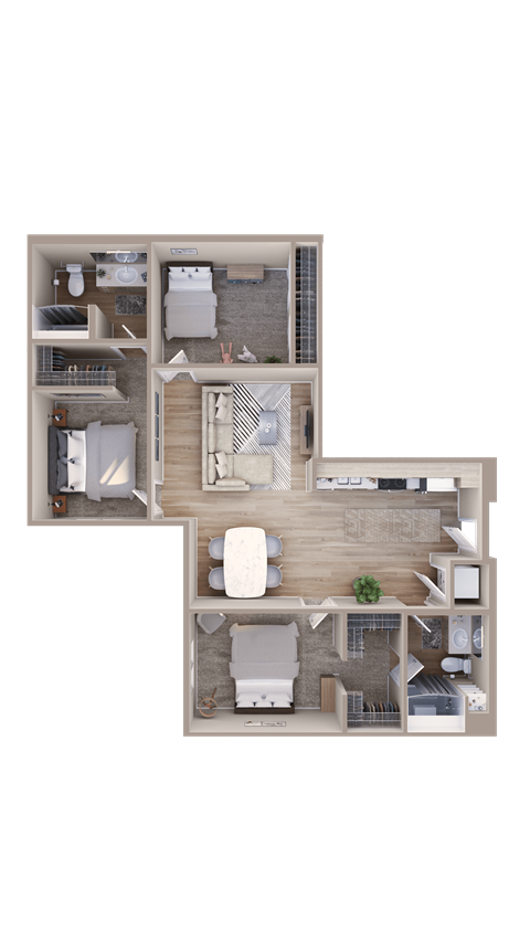 Floor plan for 3 beds, 2 baths, 1233 sqft